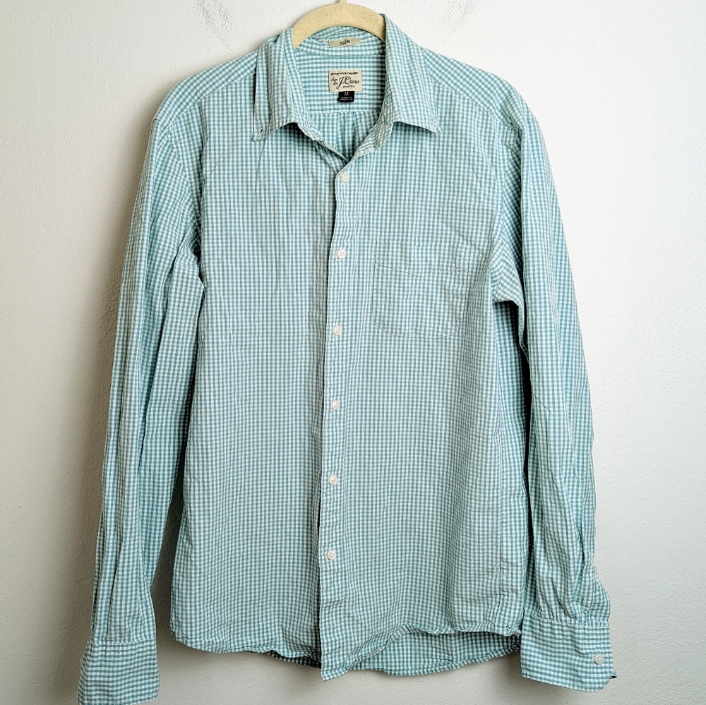 J. Crew Slim Stretch Secret Wash Shirt Plaid Blue White Size Medium M Classic